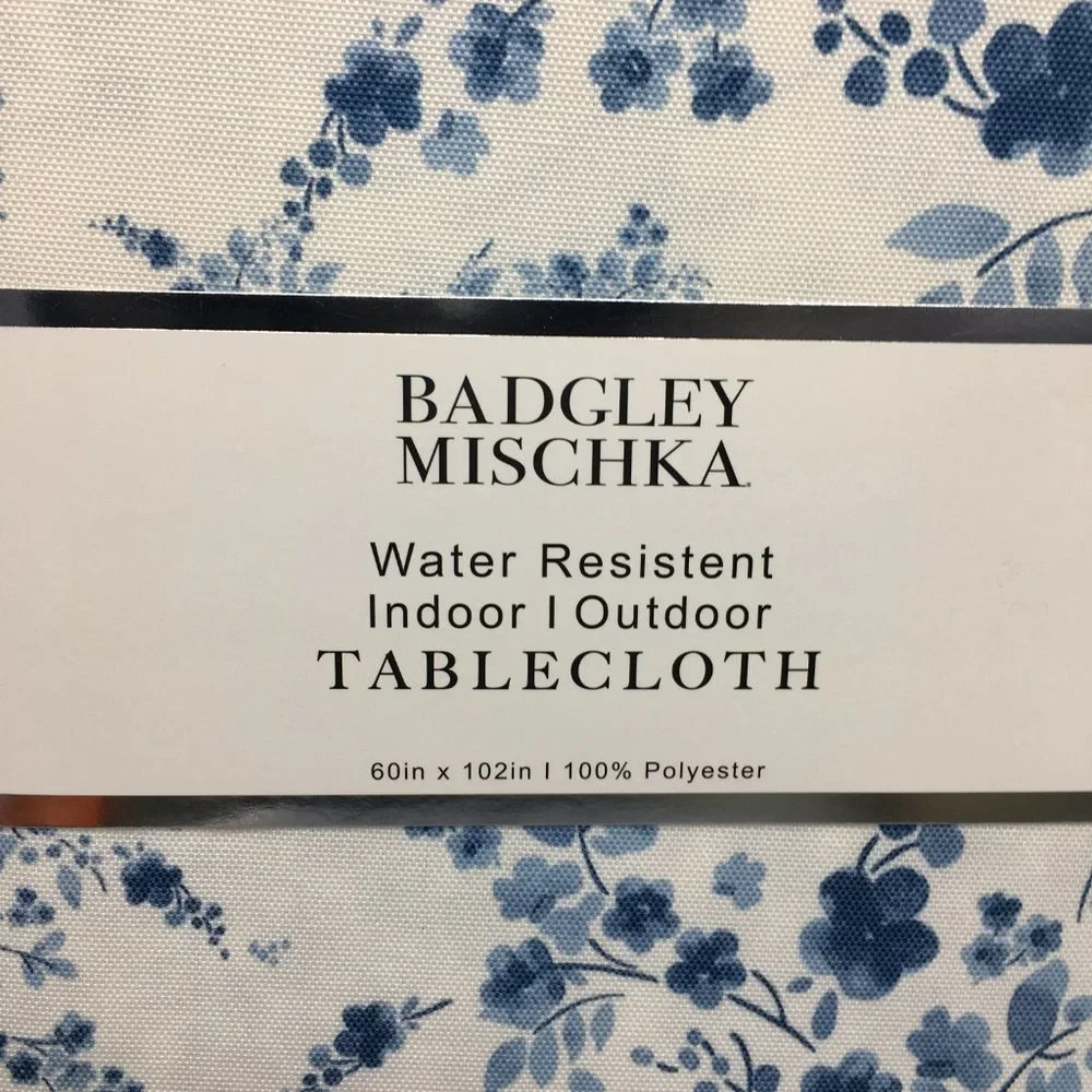 Badgley Mischka Blue Floral Tablecloth 60x102 Indoor Outdoor Country Chic Modern